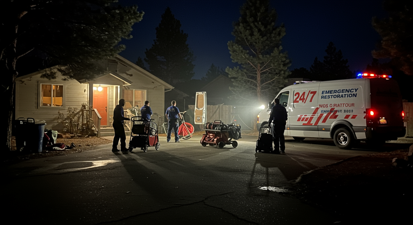 A nighttime scene showing a restoration team arriving at a residential property in Flagstaff, AZ. The image features a branded van with '24/7 Emergency Restoration' written on it, parked outside a home with visible water damage. The team is unloading equipment under bright floodlights.