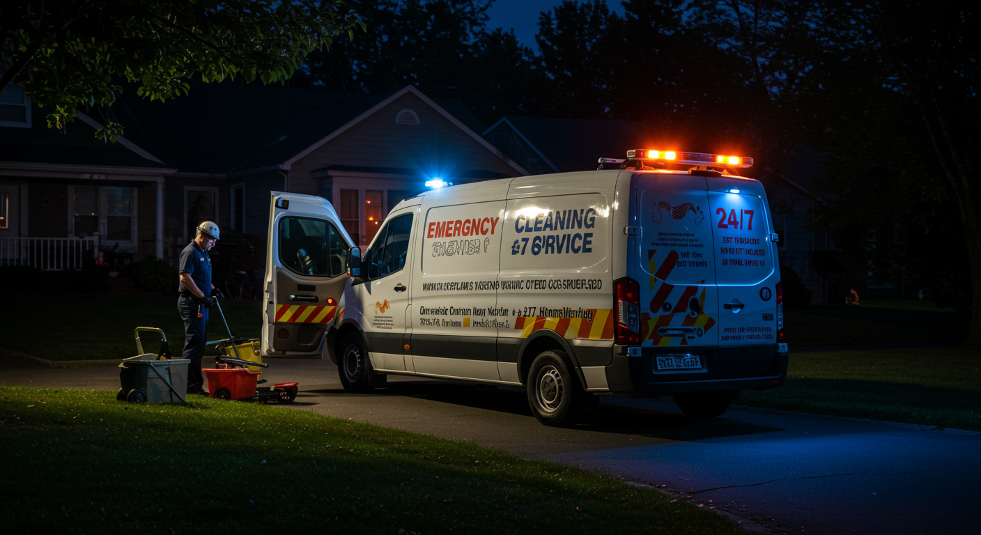 A branded emergency cleaning service van parked in a residential neighborhood at night, with lights on and a professional cleaner unloading equipment. The scene conveys urgency and 24/7 availability.