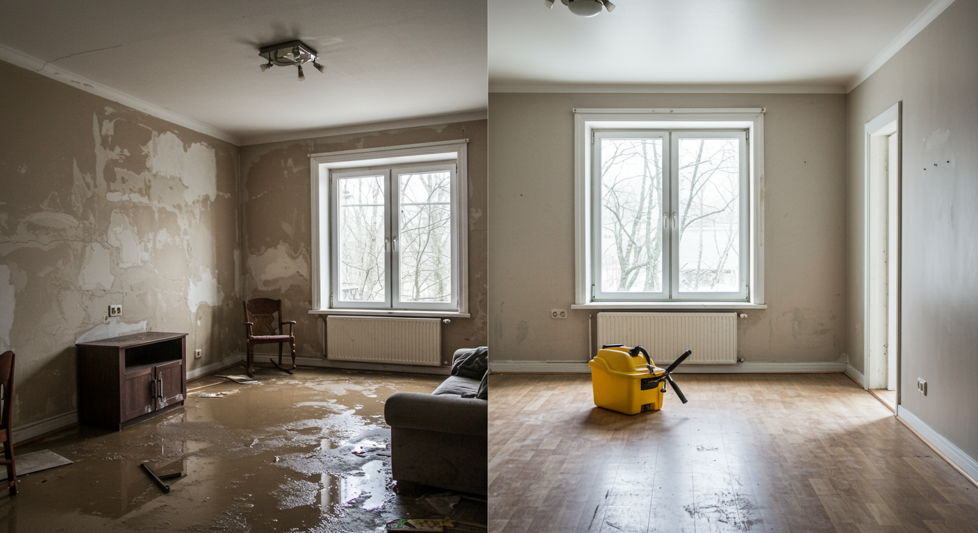A before-and-after comparison of a residential space affected by water damage, showing the transformation after professional cleaning.