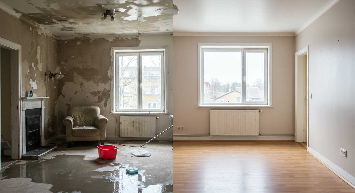 A split-screen image showing a room affected by water damage on one side and the same room fully cleaned and restored on the other. The contrast emphasizes the effectiveness of the cleaning service.