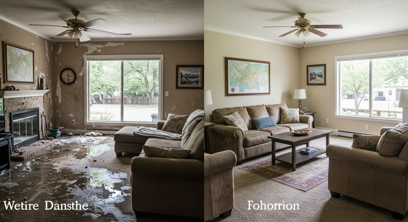 A split image showing a living room before and after restoration. On the left, water damage with soaked carpets and furniture; on the right, a fully restored, clean, and dry room.