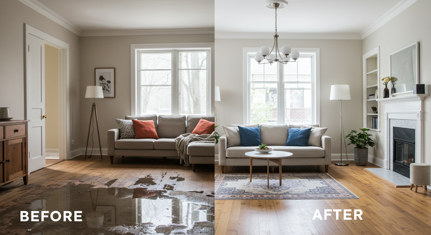 A split-screen image showing a living room before and after restoration. The 'before' side shows water-damaged floors and furniture, while the 'after' side shows a fully restored and clean space.