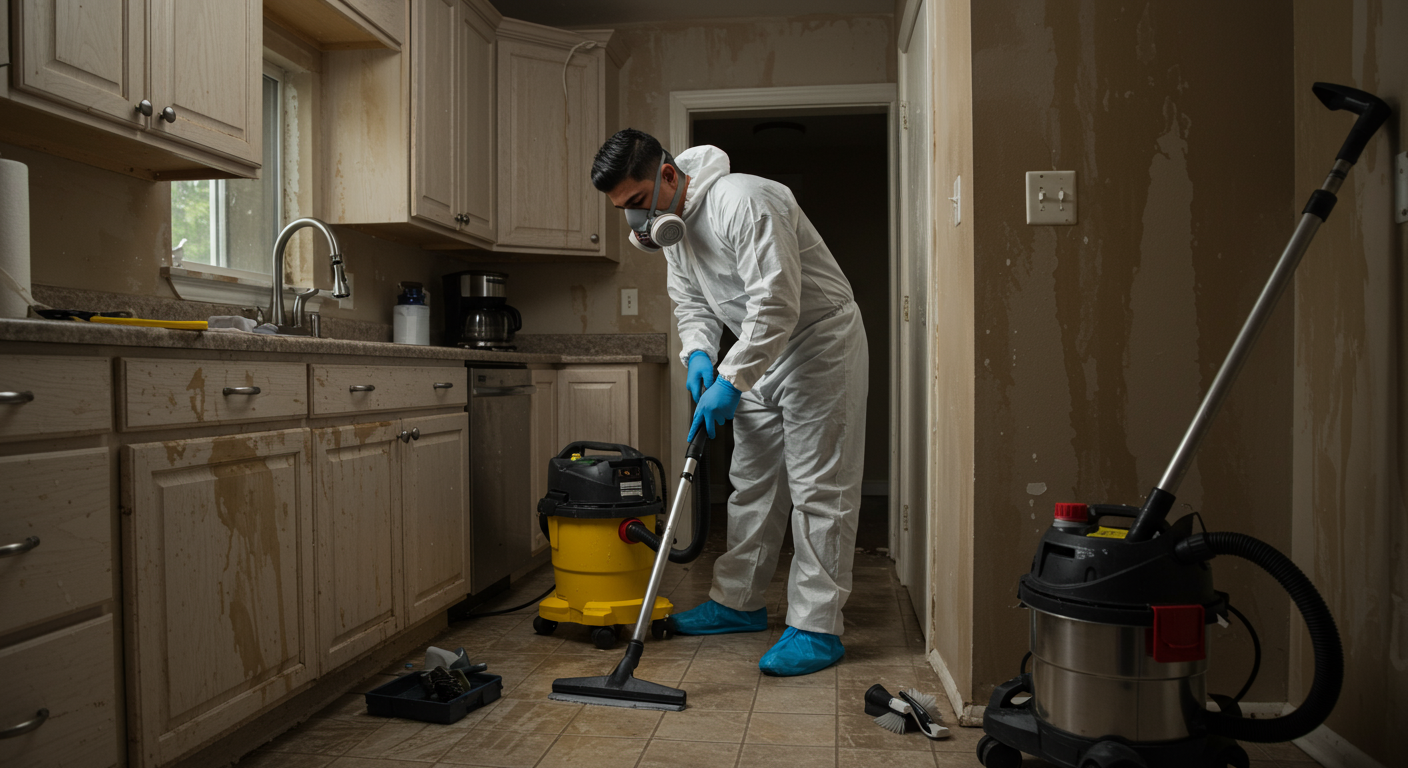 A professional cleaner in protective gear performing emergency cleaning in a residential setting, focusing on removing water damage or biohazards.