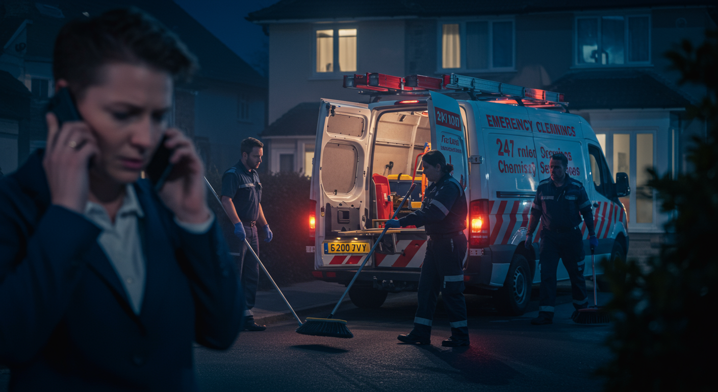 A dynamic image of an emergency cleaning team arriving at a residential property at night. The team is unloading cleaning equipment from a branded van with '24/7 Emergency Cleaning Services' written on it. The background shows a distressed homeowner talking on the phone.