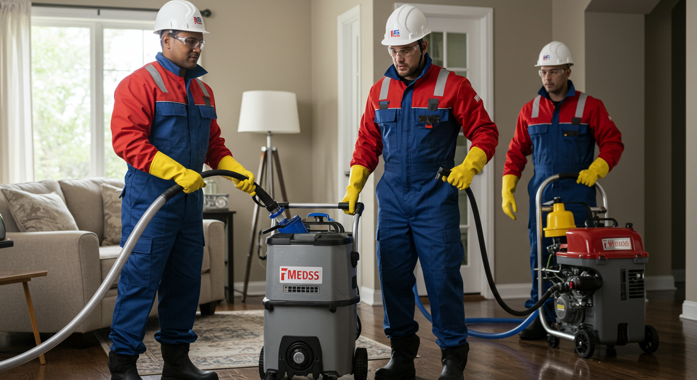 A professional emergency restoration team wearing safety gear and uniforms, actively working on a flooded residential property. The team is using advanced equipment like water extractors and dehumidifiers. The background shows a partially flooded living room with furniture being moved to safety.