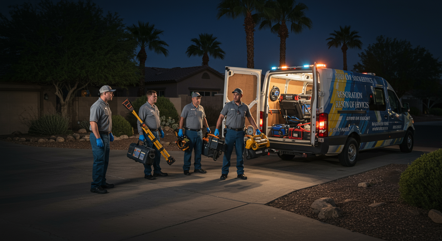 A team of restoration professionals arriving at a residential property at night, equipped with tools and equipment. The image captures the urgency of emergency services, with the team unloading equipment from a branded van. The background includes a suburban Goodyear, AZ neighborhood with palm trees and desert landscaping.