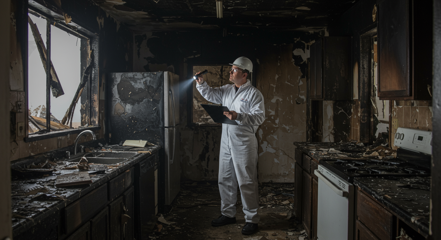 A restoration expert inspecting a fire-damaged kitchen with charred walls and appliances. The expert is holding a clipboard and flashlight, assessing the damage.