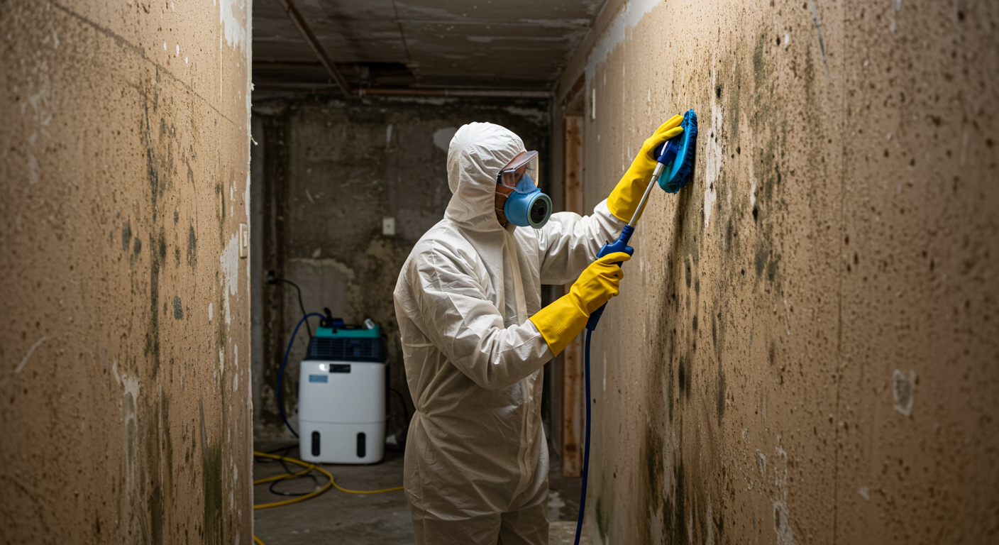 A professional cleaner in protective gear applying mold treatment to a wall in a damp basement. The scene includes visible mold patches on the wall and specialized tools like a dehumidifier and cleaning sprays in the background.
