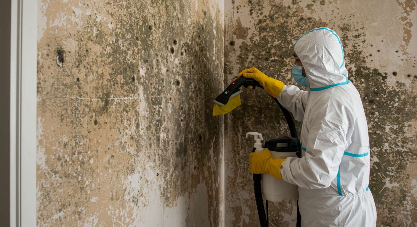 A mold remediation specialist in protective gear removing mold from a wall in a residential home. The image shows the mold clearly on the wall, with tools like a HEPA vacuum and cleaning solutions in use.