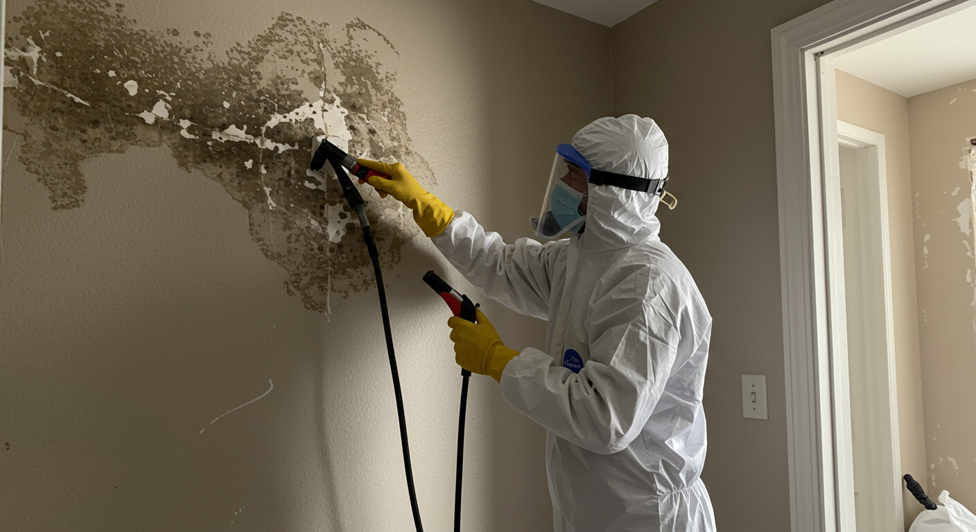 A technician in protective gear carefully removing mold from a wall in a Goodyear, AZ home. The scene emphasizes safety and thoroughness, with visible tools and cleaning agents.