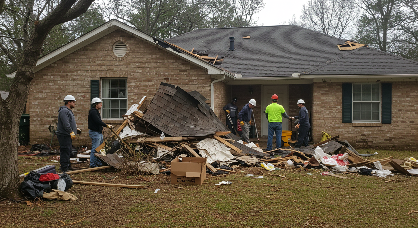 A team of restoration professionals working on a storm-damaged home. The image shows a damaged roof and debris in the yard, with the team actively repairing and cleaning up the property.