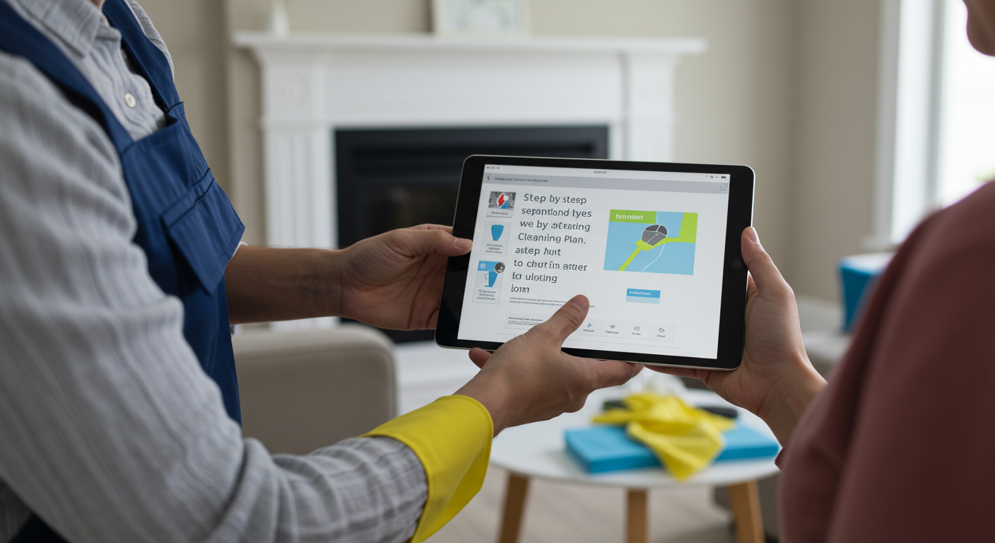 A professional technician is showing a homeowner a step-by-step cleaning plan on a tablet. The image highlights the technician's professionalism and the homeowner's trust. The background includes a clean and tidy living room, emphasizing the results of the cleaning service.