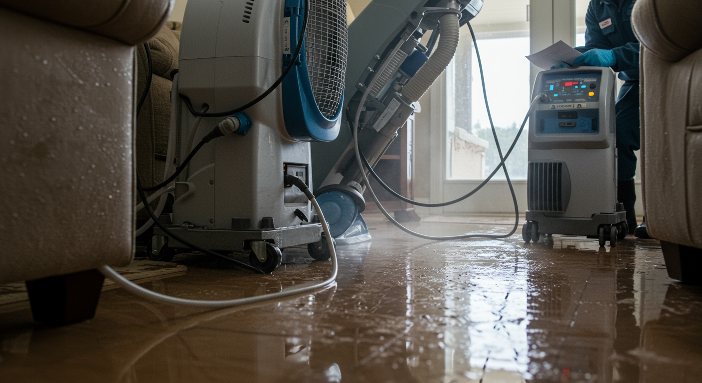 A close-up of industrial drying equipment in action inside a flooded living room.