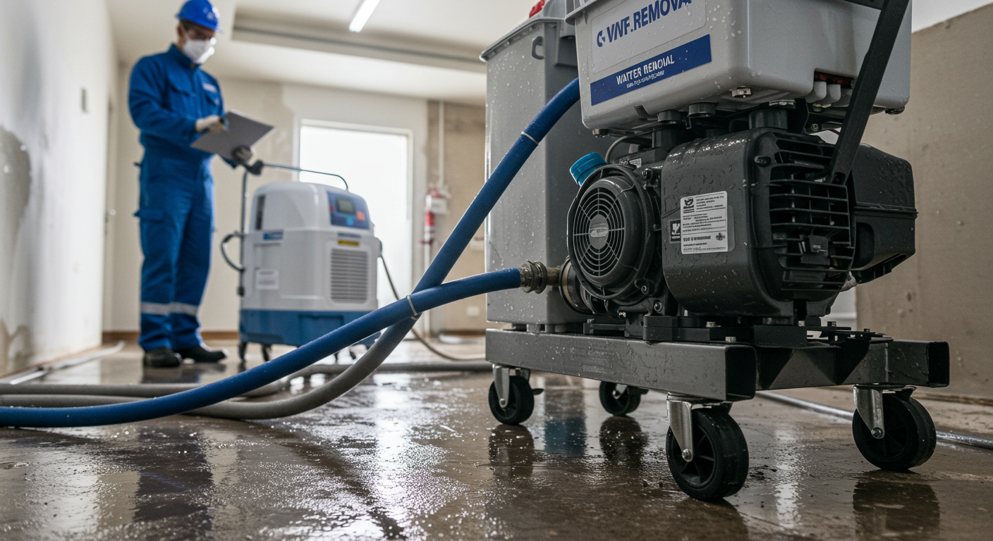 A close-up of advanced water removal equipment in action, such as industrial-grade dehumidifiers and water extractors, with a technician in the background monitoring the process. The setting is an indoor space with visible water damage on the floor.