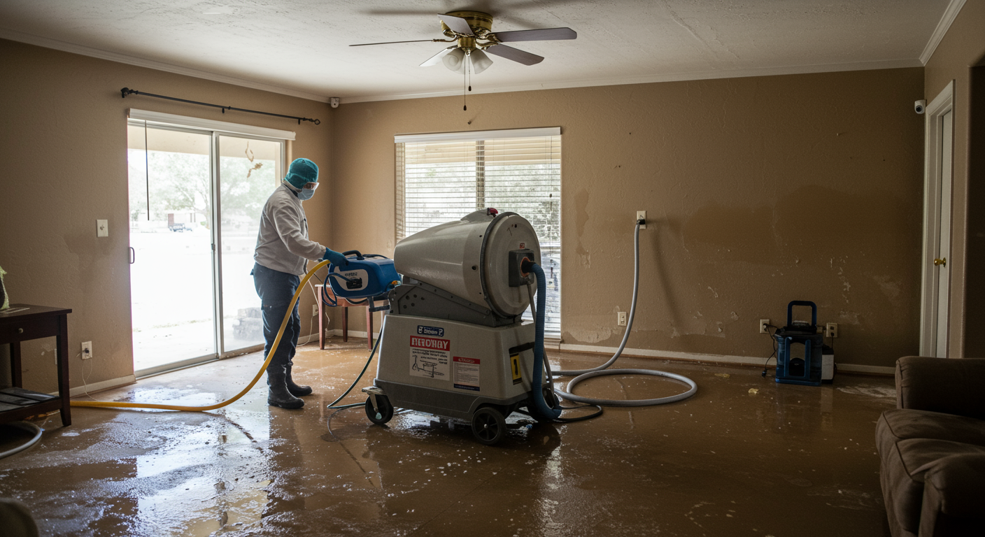 A technician using industrial drying equipment to remove water from a flooded living room. The room has visible water damage on the floor and walls, with Tucson-style interior decor.