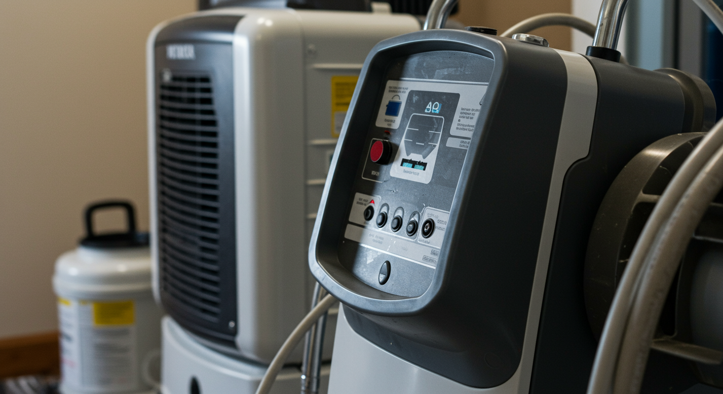 Close-up of advanced water damage restoration equipment, such as dehumidifiers and air movers, set up in a home. The focus is on the technology and tools used to combat water damage.