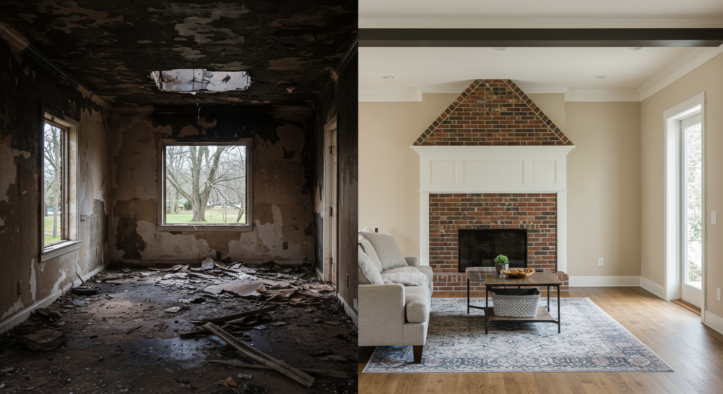 A split image showing a home before and after restoration from fire damage. The left side shows charred walls and debris, while the right side displays a beautifully restored living space.