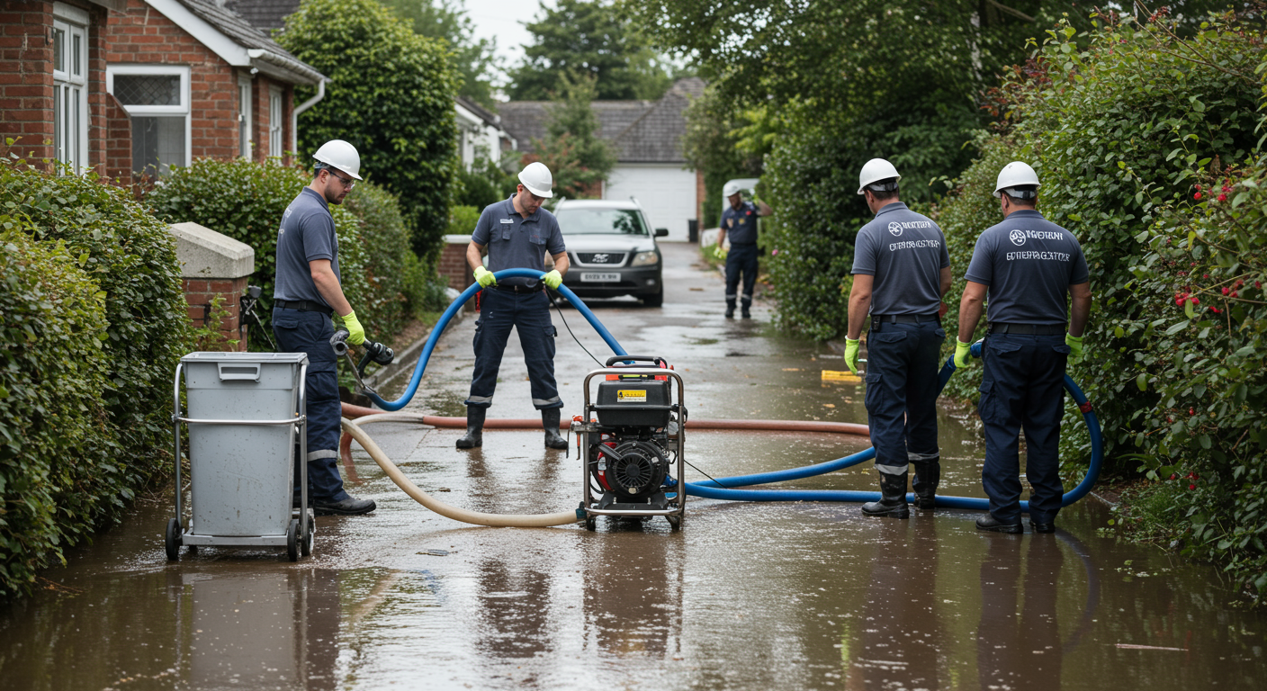 A team of professionals in uniforms is actively working to remove water from a flooded residential area. They are using advanced equipment like water extraction pumps and wet vacuums.