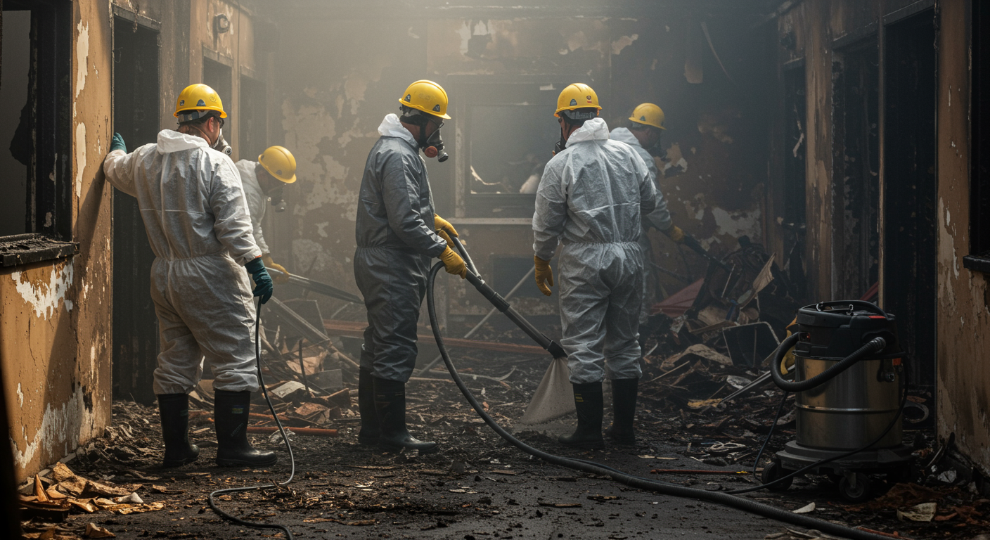 A team of fire damage remediation specialists in protective gear actively cleaning up debris and soot from a fire-affected property.