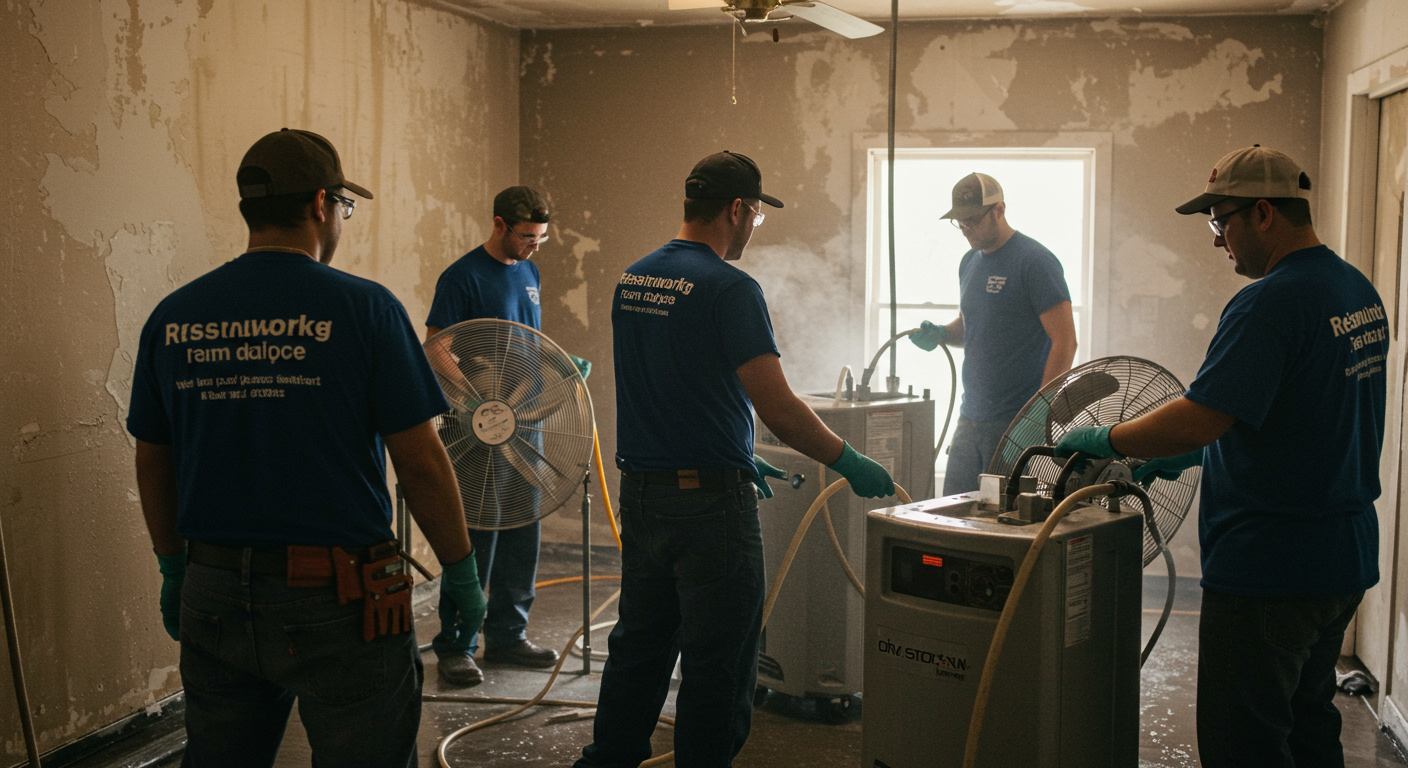 A team of restoration professionals working together to dry out a water-damaged room using industrial fans and dehumidifiers. The atmosphere is busy and focused, showcasing teamwork in action.