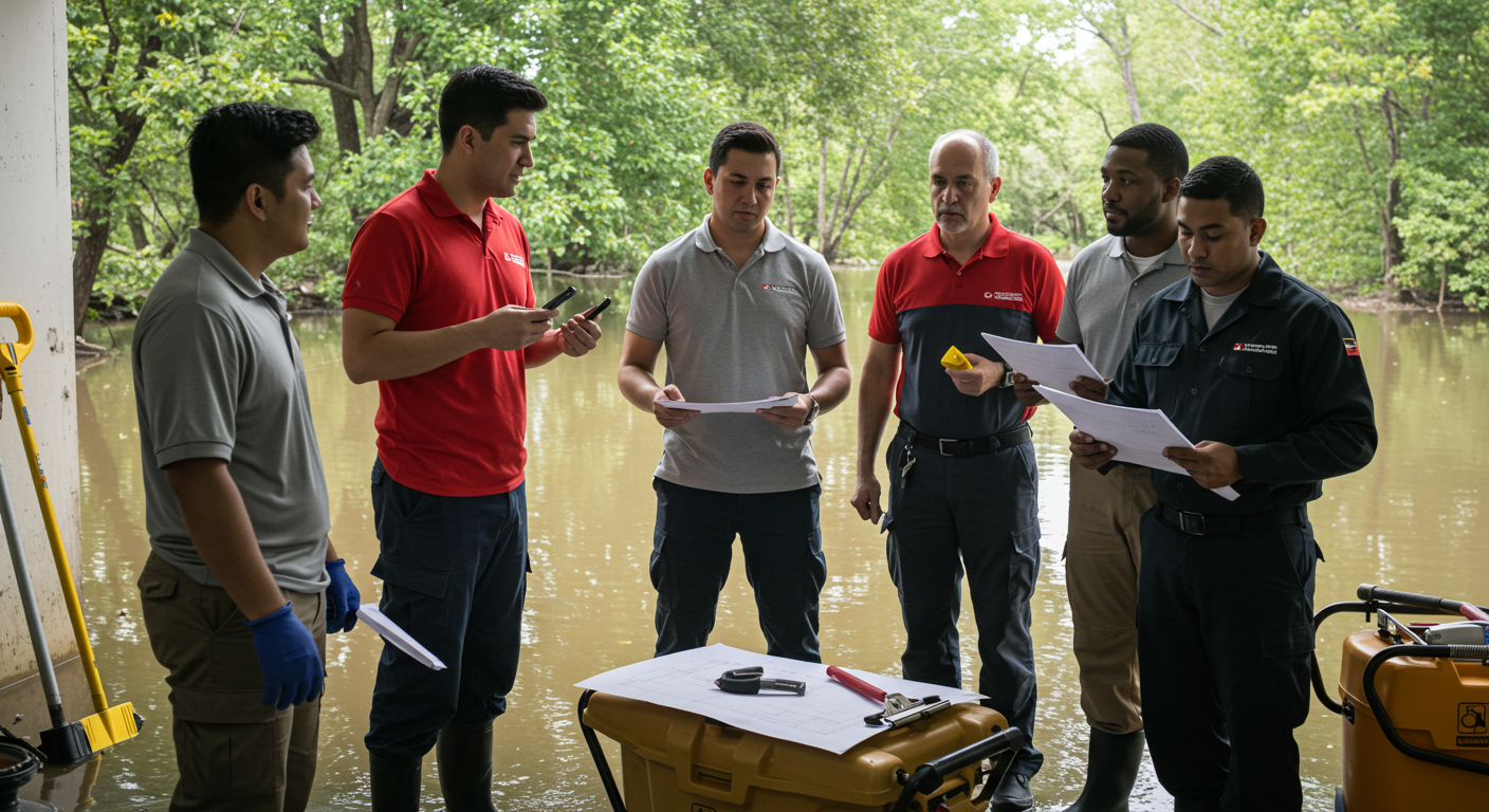 A diverse team of water damage restoration professionals discussing a plan in a flooded area, with tools and equipment around them. The image conveys teamwork and readiness to tackle the emergency.