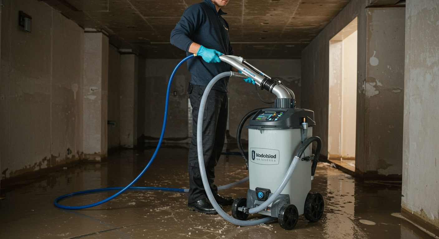 A technician using advanced water extraction equipment in a flooded basement, showcasing the technology used in flood cleaning.