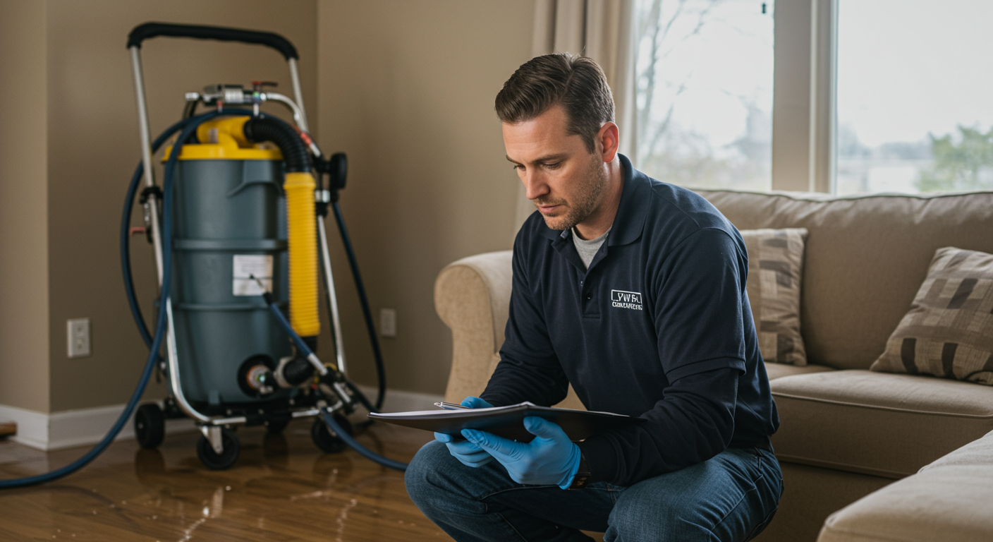A professional water damage technician assessing a flooded living room, with water extraction equipment in the background. The technician is focused and wearing protective gear, showcasing a proactive approach to restoration.