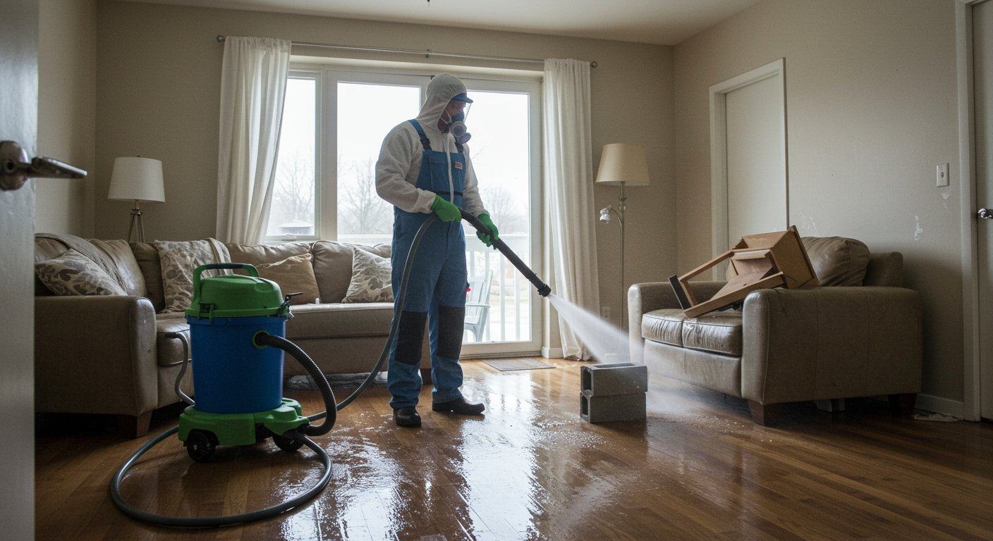 A professional technician in protective gear using a powerful water extraction machine to remove flood water from a residential living room. The room shows visible water damage, with furniture elevated on blocks to prevent further soaking.