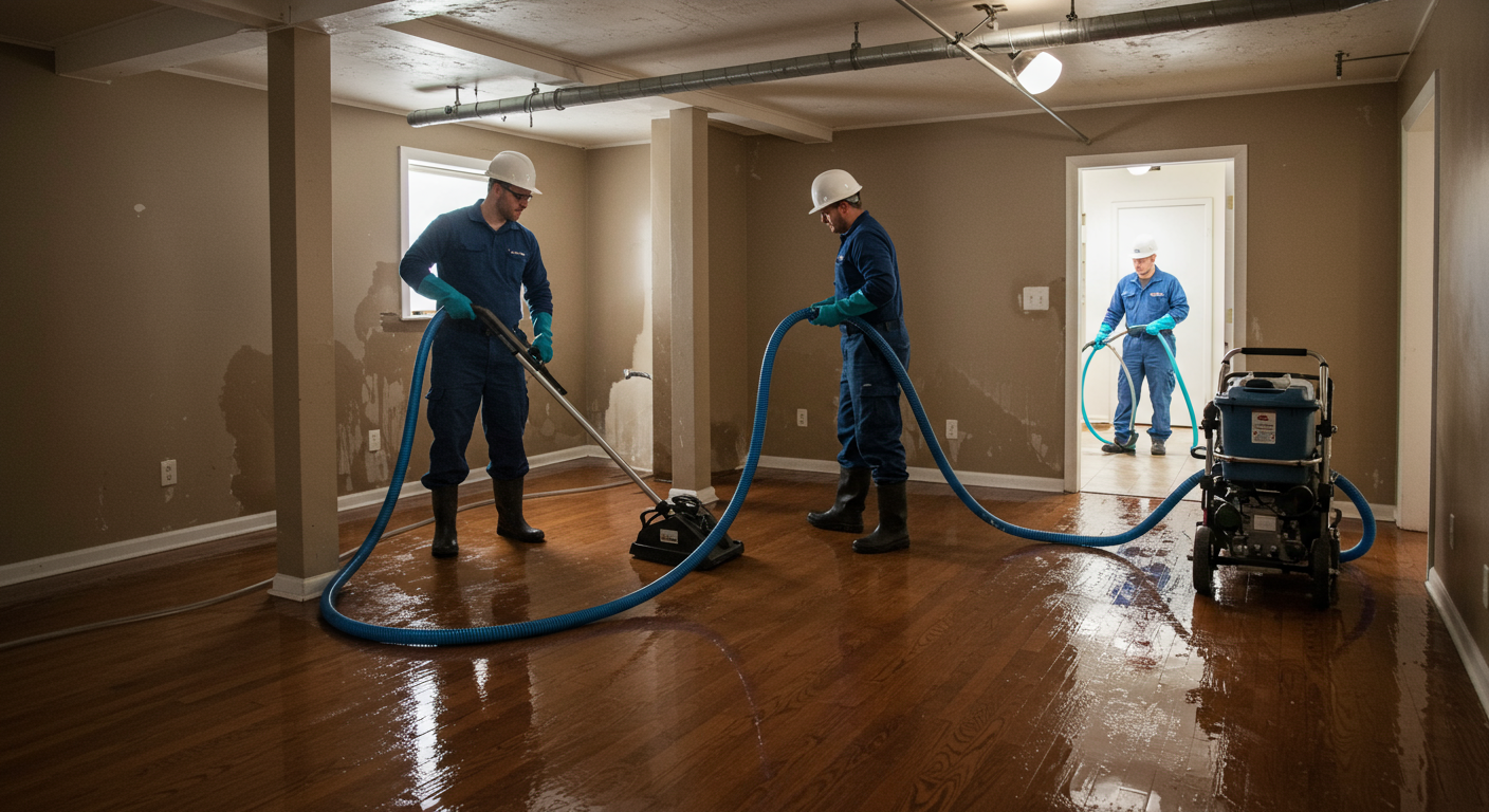 A restoration team using specialized equipment to extract water from a flooded basement. The image shows the team actively working, with water extraction tools and wet flooring, highlighting the urgency of the cleanup.