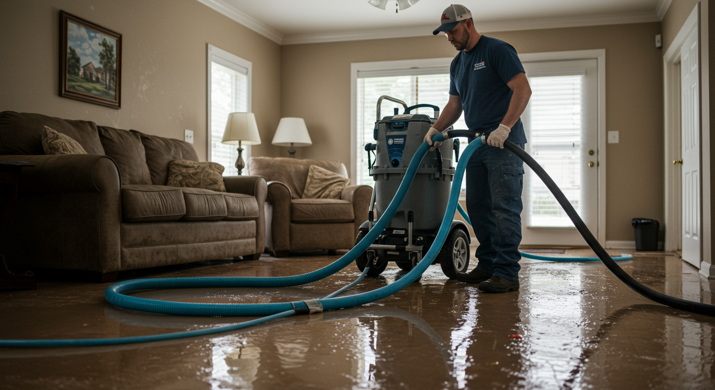 A professional water damage restoration technician in Goodyear, AZ, using specialized equipment to extract water from a flooded living room.