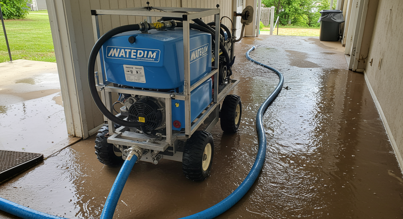 A high-quality image of advanced water extraction equipment being used in a flooded area.