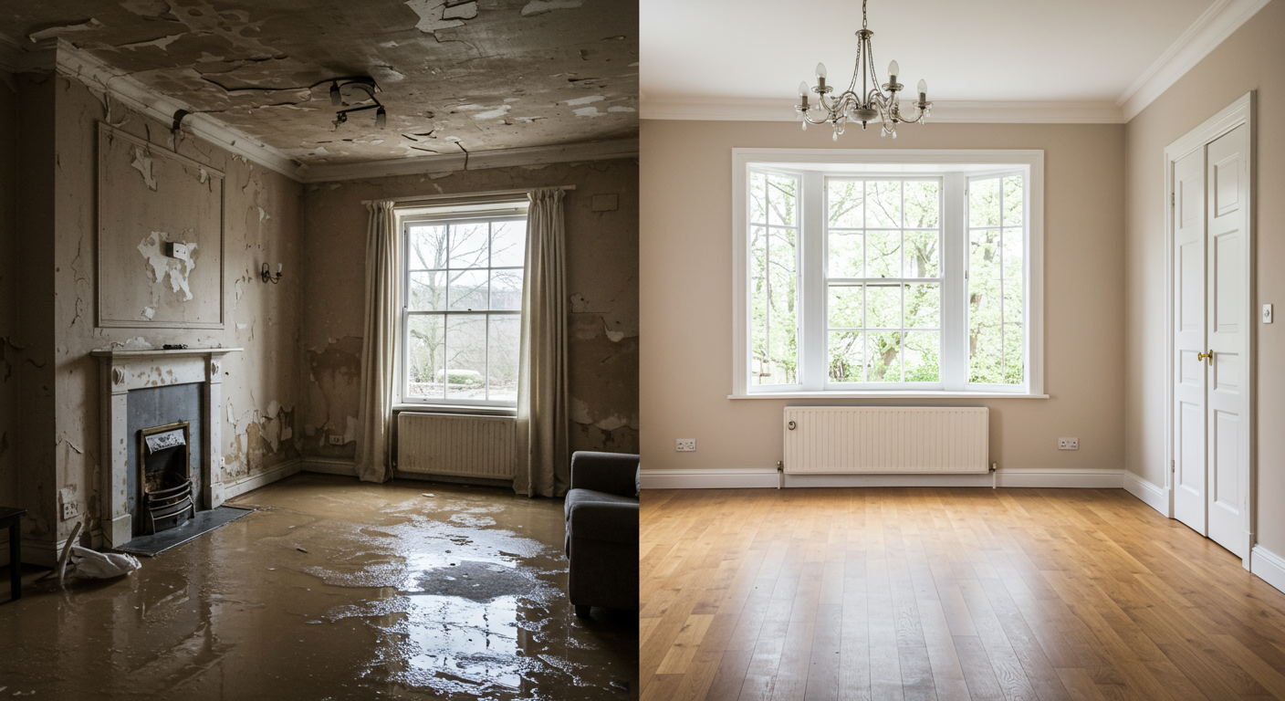 A split image showing a dramatic before-and-after transformation of a water-damaged property. The 'before' side depicts a flooded room with soaked furniture and water stains, while the 'after' side shows a fully restored, clean, and dry room. The focus is on the contrast between damage and restoration.