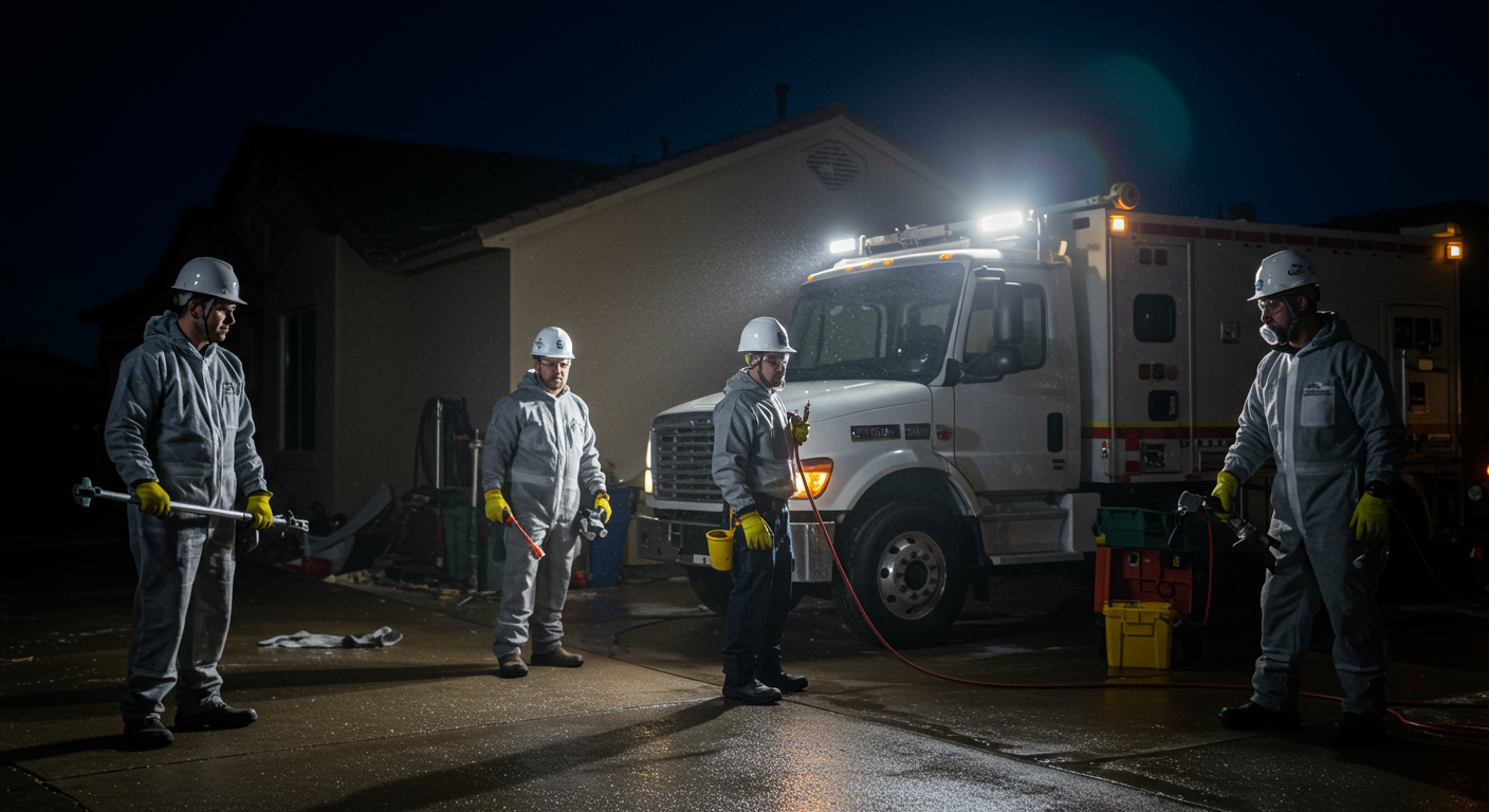 A professional restoration team responding to an emergency at night, equipped with tools and safety gear. The setting is a residential home in Goodyear, AZ, with visible signs of water damage.