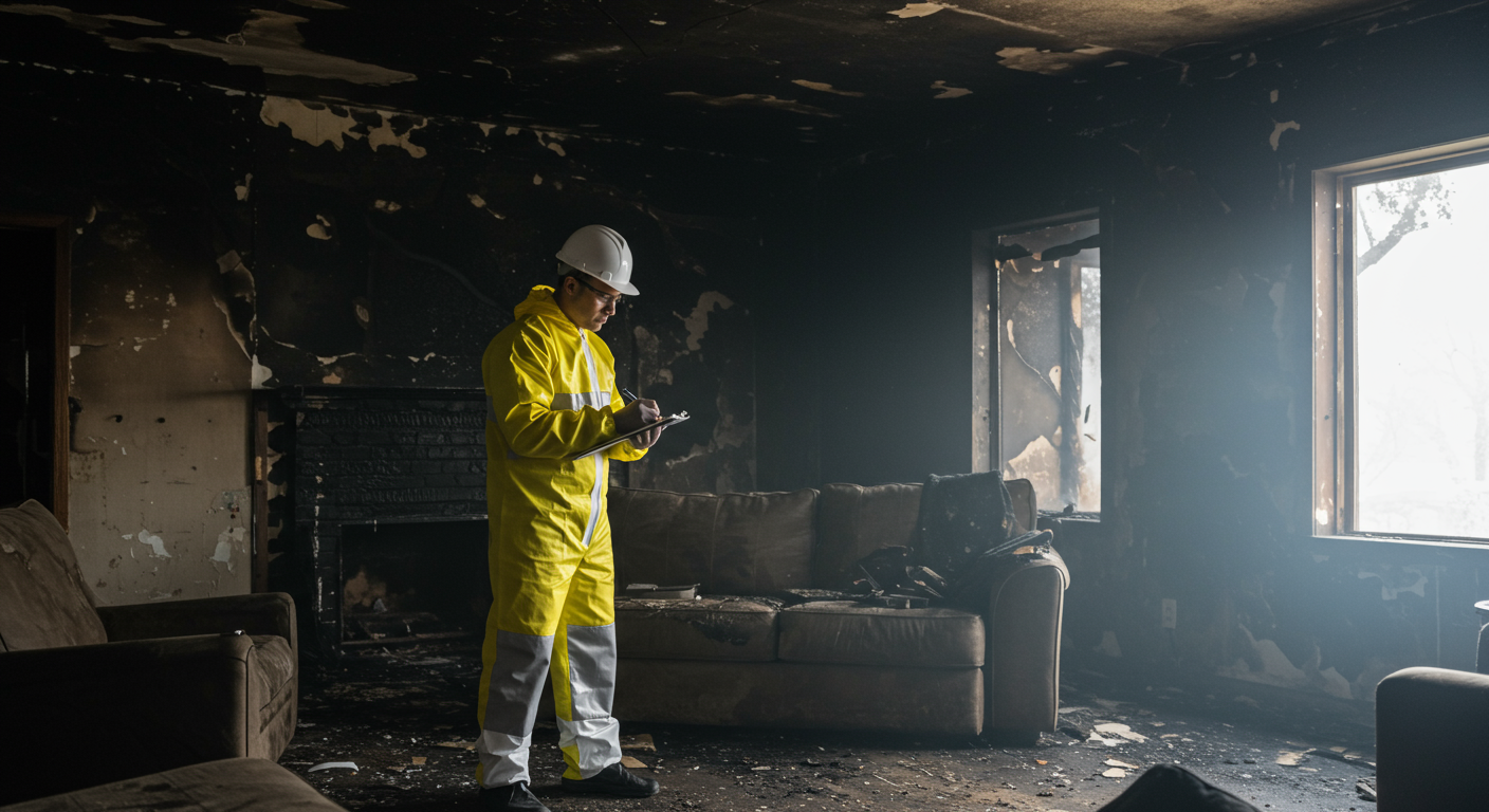 A professional fire remediation expert inspecting a charred living room, taking notes and assessing the damage. The room shows signs of soot and smoke damage on walls and furniture.