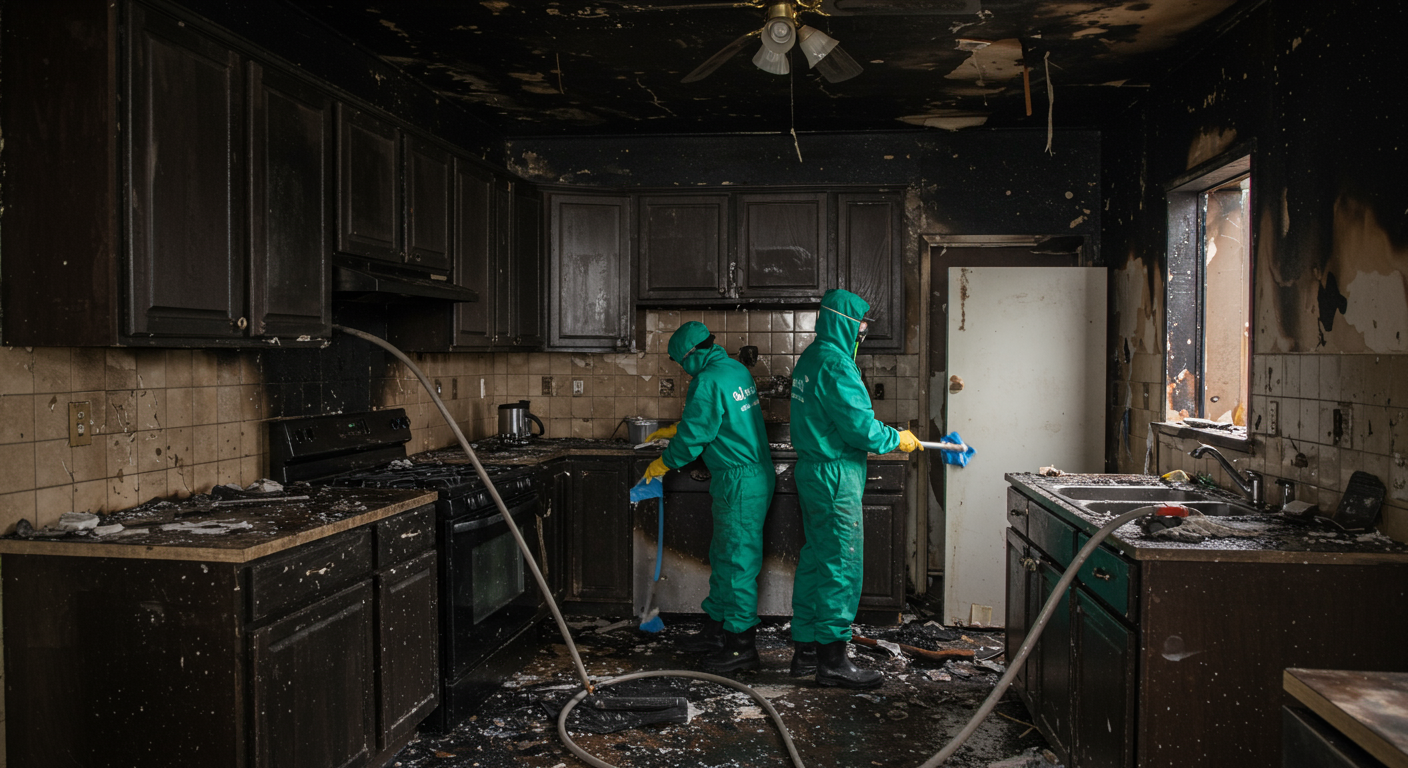 A team of restoration experts cleaning a fire-damaged kitchen. The image includes charred cabinets and soot-covered walls, with the team wearing protective gear and using specialized cleaning tools.
