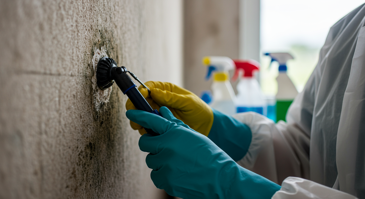 A close-up of a mold-infested wall being treated by a professional wearing gloves and a mask, with cleaning solutions and tools in the background.