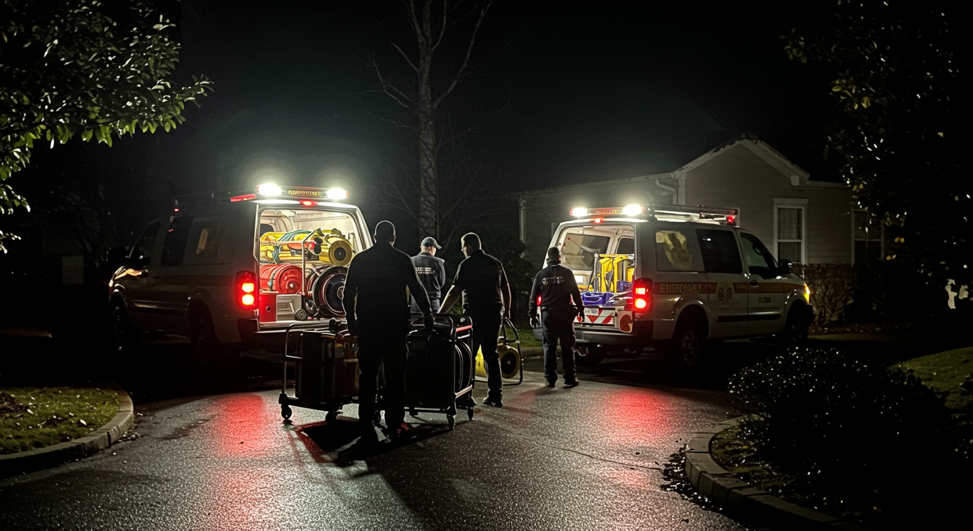 A nighttime scene of an emergency restoration team responding to a call. The team is unloading equipment from their vehicle under bright work lights. The setting is a residential property with visible water damage near the entrance.