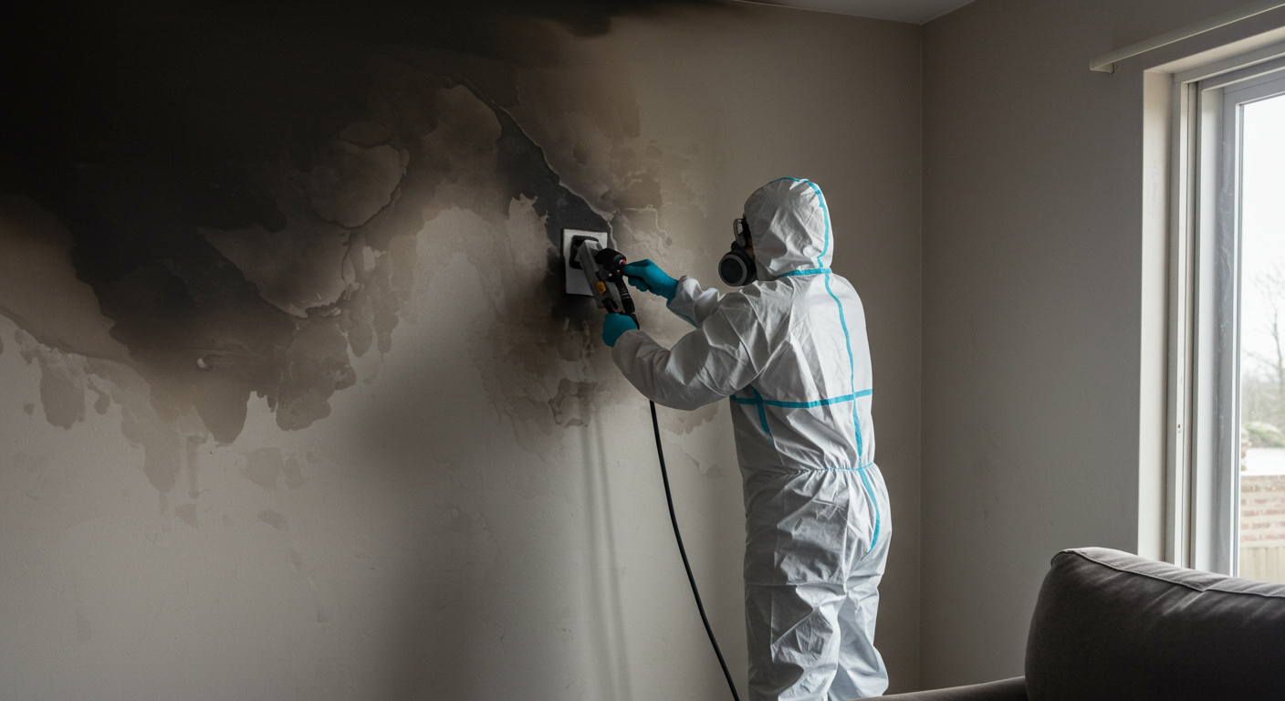A professional restoration technician in protective gear actively cleaning soot from a wall in a residential living room. The technician is using specialized equipment, showcasing the restoration process.