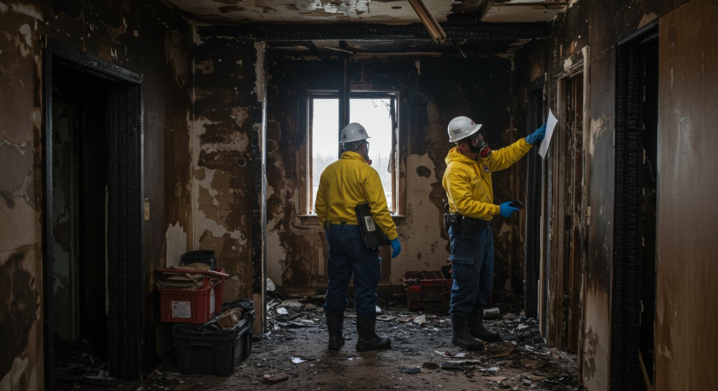 A professional restoration team in action, wearing protective gear, assessing the damage in a home affected by fire. The team is examining charred walls and debris, showcasing their expertise and commitment to restoring the property.