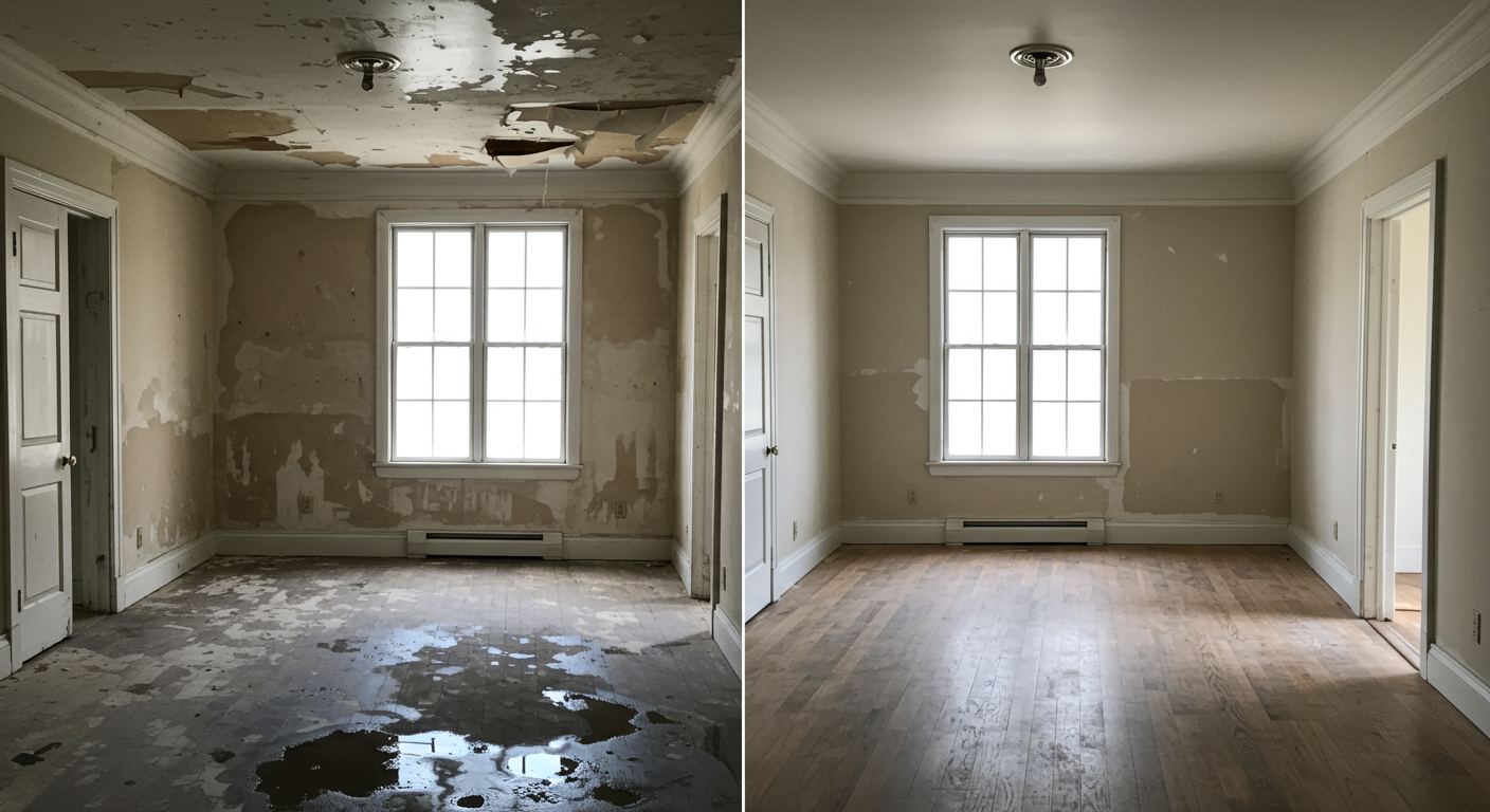 A before-and-after comparison of a water-damaged room transformed into a fully restored space, showcasing the effectiveness of restoration services.