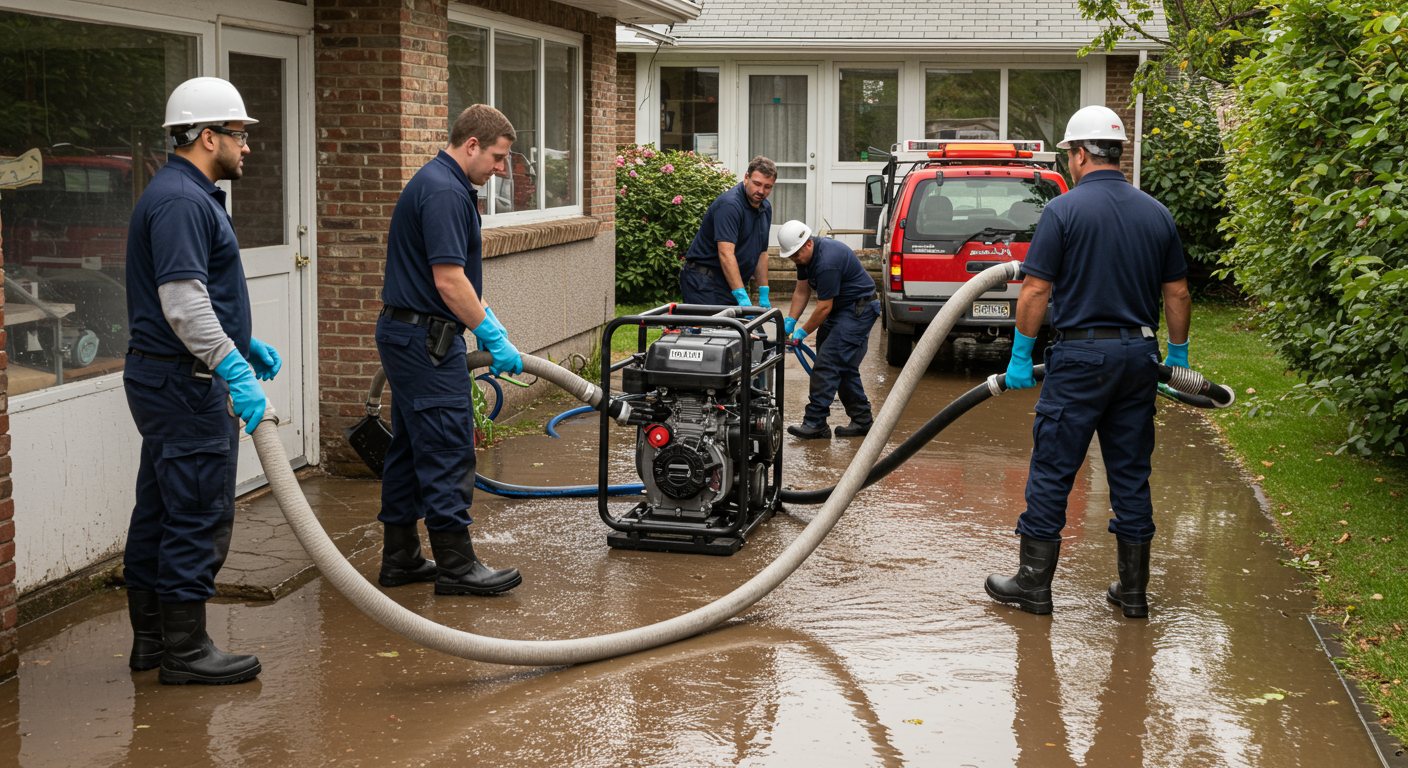 A team of professional technicians in uniform actively working to extract water from a flooded residential property. They are using advanced equipment like water pumps and vacuums.