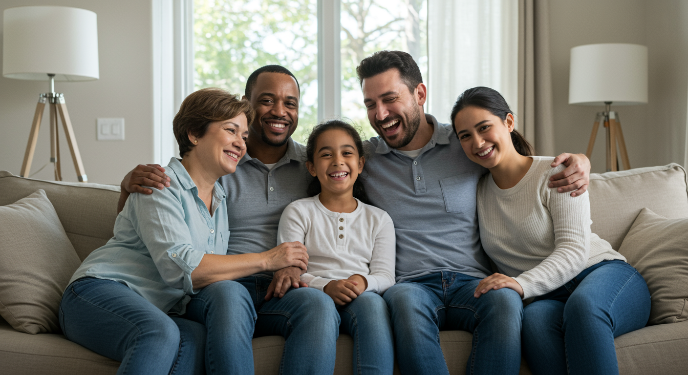 A comforting scene of a family sitting together in their restored living room, smiling and embracing, symbolizing recovery and togetherness after a traumatic event.