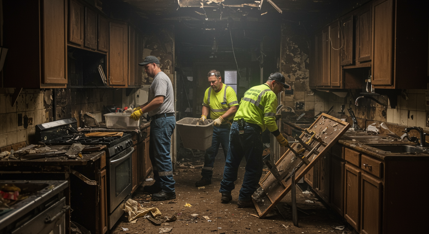 A team of restoration experts working together to remove debris from a fire-damaged kitchen, showcasing their teamwork and professionalism in a challenging situation.