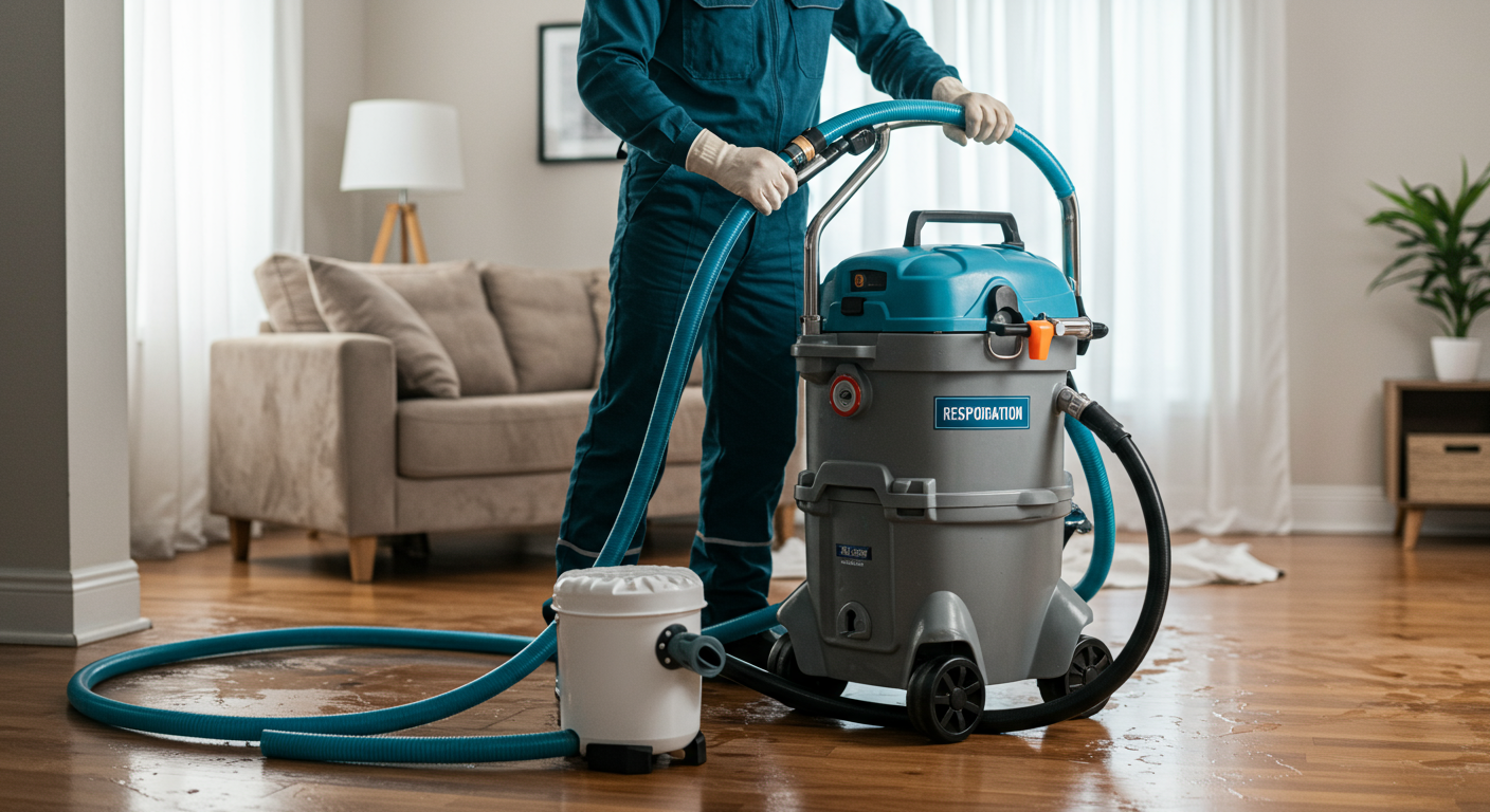 A professional restoration technician in action, using specialized equipment to extract water from a flooded living room. The focus is on the technician's determined expression and the high-tech tools in use.