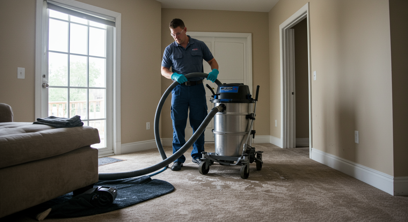 A professional restoration technician in uniform is actively working on a water damage restoration project inside a home. The technician is using advanced equipment to extract water from a carpet, showcasing the restoration process in action.