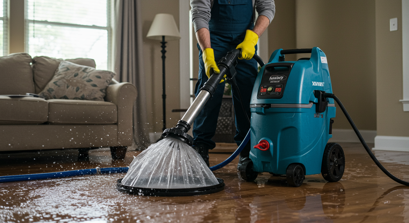 A professional technician using a powerful water extraction machine in a flooded living room. The focus is on the technician's determined expression as they work diligently to remove water.