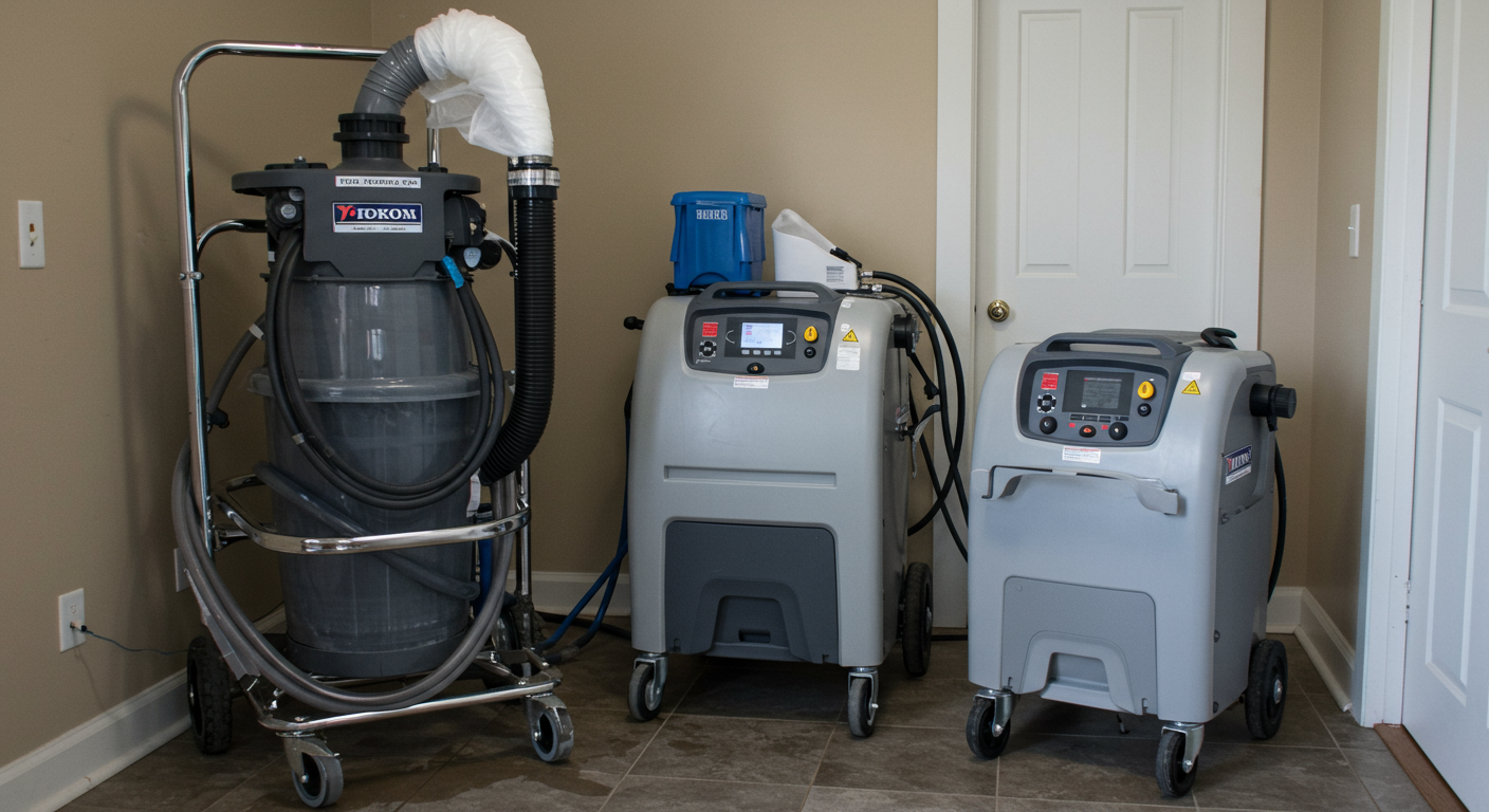 A detailed shot of water extraction equipment and drying machines set up in a home, showcasing the technology used in water damage restoration.