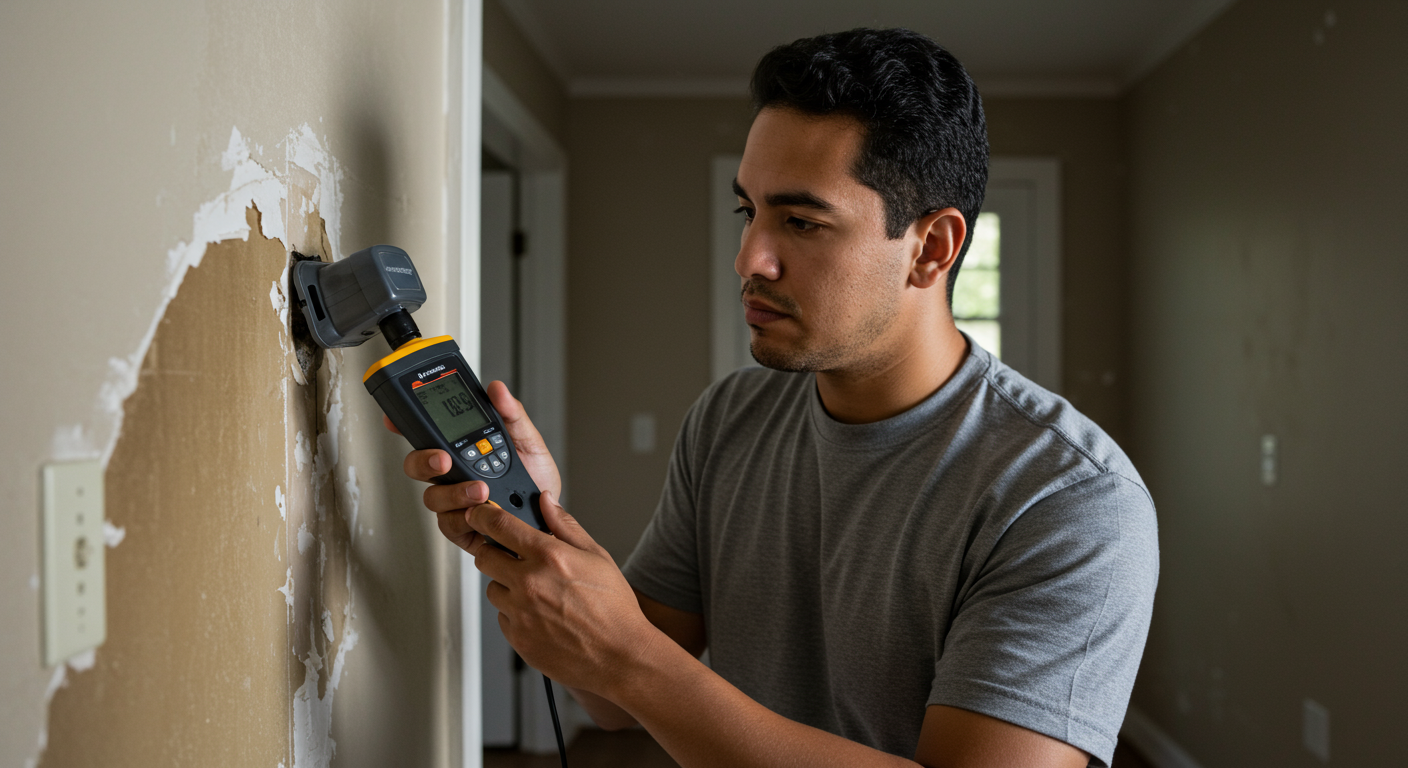 A technician inspecting water-damaged walls with moisture detection equipment, demonstrating the assessment phase of the remediation process.