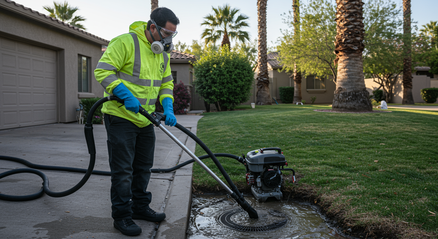 A professional technician in safety gear actively cleaning a sewage backup area with specialized equipment in a residential setting in Scottsdale, AZ.