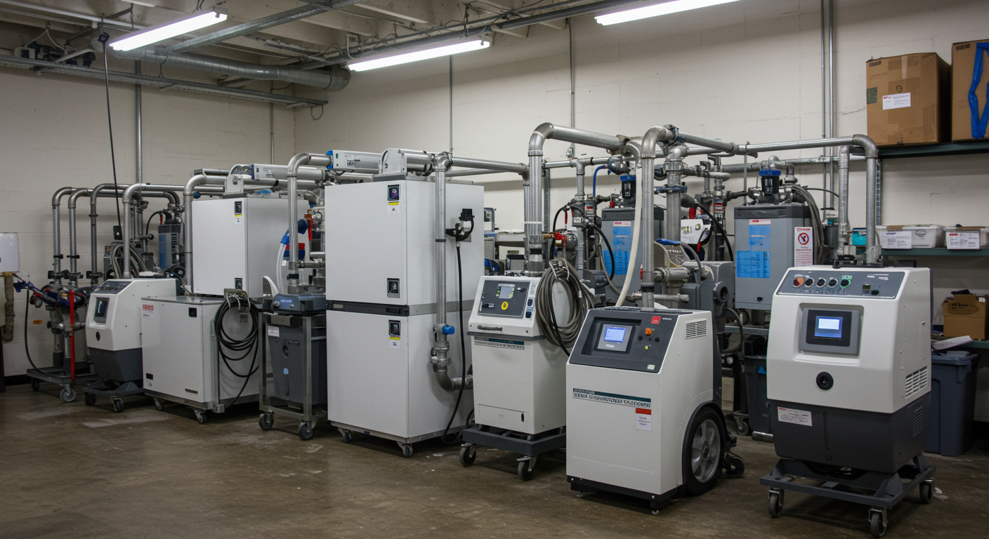 A collection of high-tech restoration equipment, such as dehumidifiers and water extraction machines, arranged in a well-lit workspace. This showcases the advanced technology used in fire and water damage recovery.